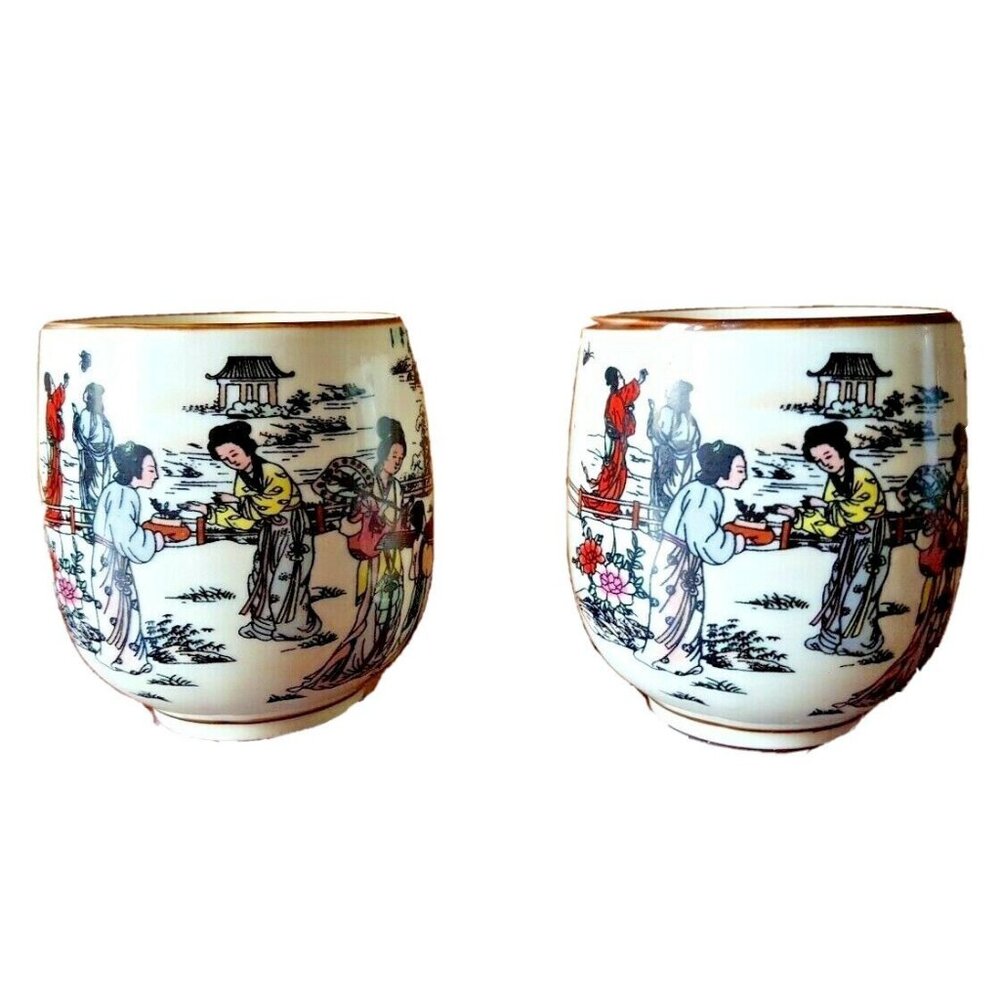 Clayre and Eef Oriental Tea Cups Twelve Gold Hairpins Porcelain Set of 2 Asian